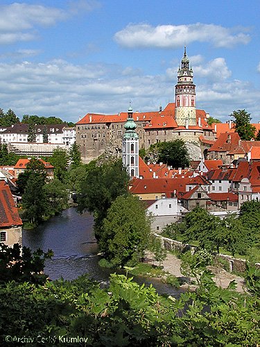 Český Krumlov castle tower and river Vltava